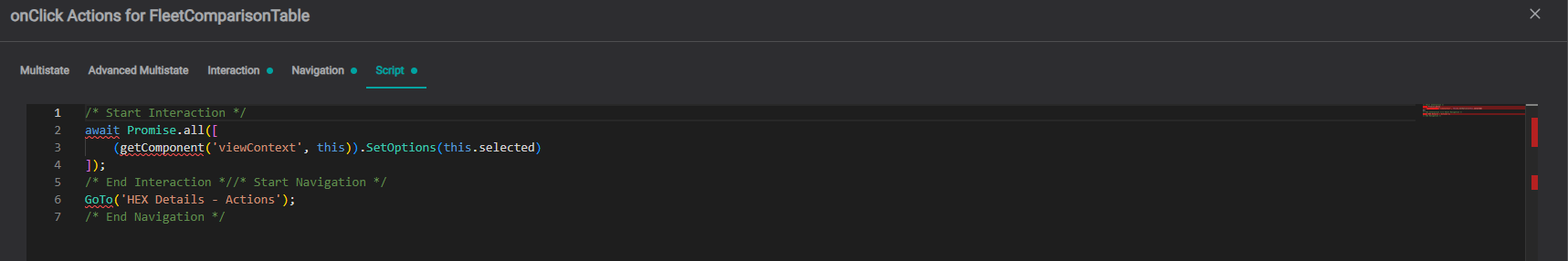 The Script tab of a table's onClick action, showing the UI-configured Interaction and Navigation as generated JavaScript: getComponent('viewContext', this).SetOptions(this.selected) and GoTo('HEX Details - Actions')