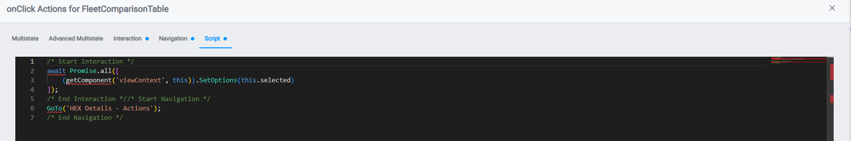 The Script tab of a table's onClick action, showing the UI-configured Interaction and Navigation as generated JavaScript: getComponent('viewContext', this).SetOptions(this.selected) and GoTo('HEX Details - Actions')