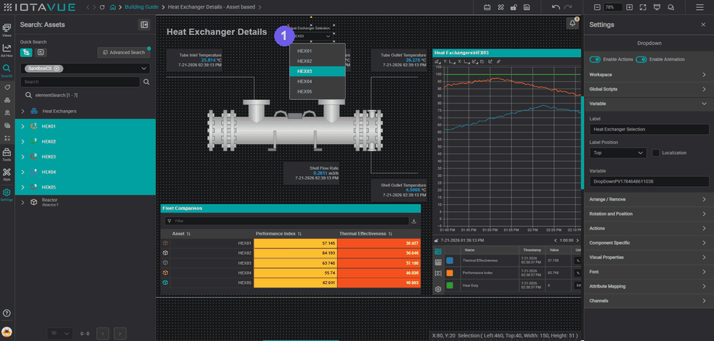 Switching the asset with the dropdown β pick an exchanger, the onClick Interaction fires SetChannels on each consumer, and the values, schematic, and chart all update