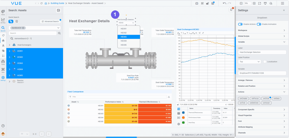 Switching the asset with the dropdown β pick an exchanger, the onClick Interaction fires SetChannels on each consumer, and the values, schematic, and chart all update