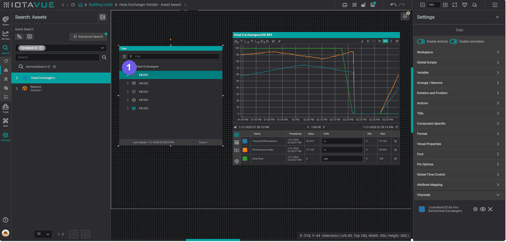 Syncing a line chart to a tree selection β populate the Tree with the Heat Exchangers node, wire an onClick Interaction to the chart, then click a node to switch the chart