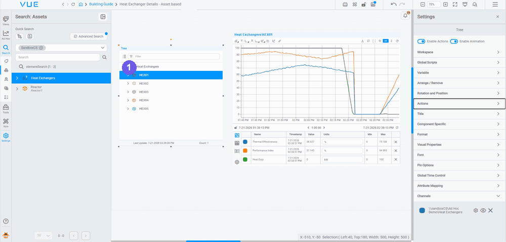 Syncing a line chart to a tree selection β populate the Tree with the Heat Exchangers node, wire an onClick Interaction to the chart, then click a node to switch the chart