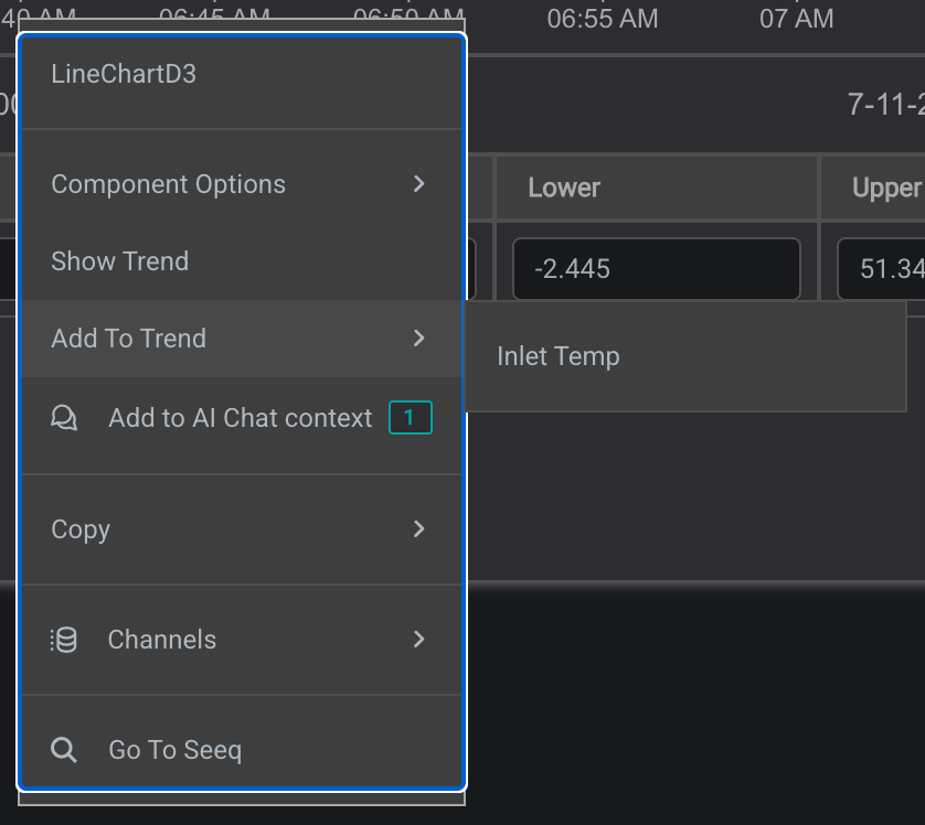 Add to Trend context menu listing open trends by name