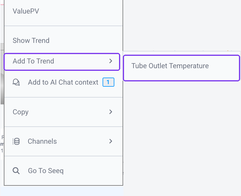 Add to Trend context menu listing open trends by name