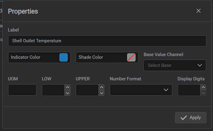 Properties dialog for a mapped attribute — Label, Indicator/Shade Color, UOM, LOW/UPPER, and Number Format