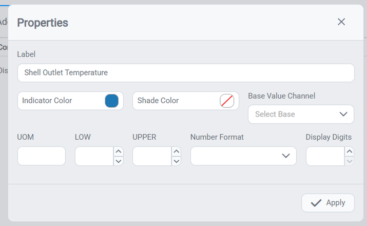 Properties dialog for a mapped attribute — Label, Indicator/Shade Color, UOM, LOW/UPPER, and Number Format