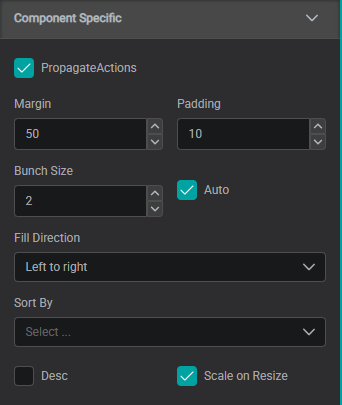 The Component Specific settings for an Asset Group β spacing, bunch size, fill direction, sorting, and scale-on-resize