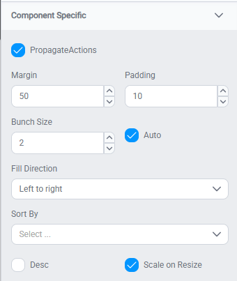 The Component Specific settings for an Asset Group β spacing, bunch size, fill direction, sorting, and scale-on-resize