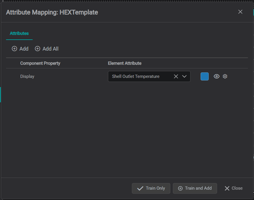 Attribute Mapping dialog — the component's Display property mapped to the Shell Outlet Temperature element attribute