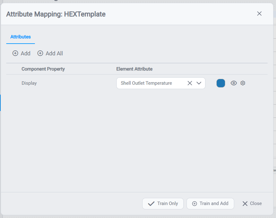 Attribute Mapping dialog — the component's Display property mapped to the Shell Outlet Temperature element attribute