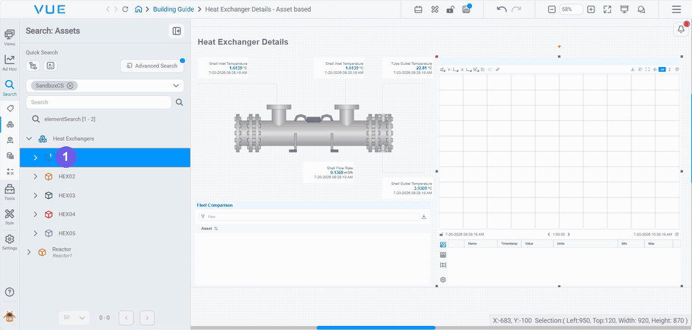 Training the Line Chart — drag the HEX01 node onto it, add the three performance attributes in the dialog, Train and Add, and the three traces appear