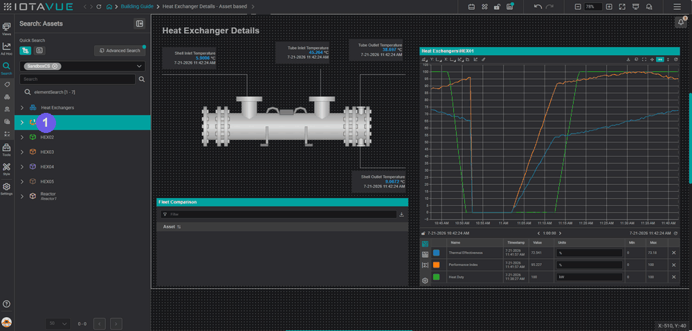 Training the Fleet Comparison table — drag HEX01 on, add the Performance Index and Thermal Effectiveness columns, then multi-select HEX02–05 for a row per asset