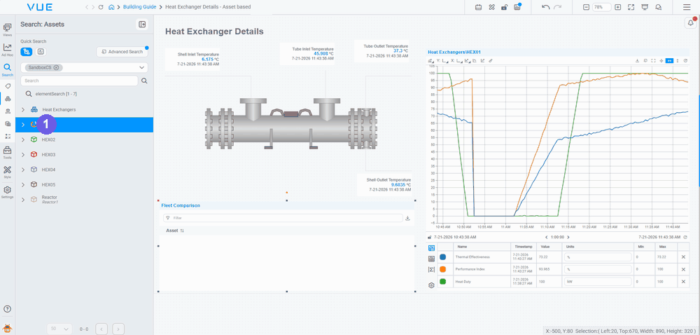 Training the Fleet Comparison table — drag HEX01 on, add the Performance Index and Thermal Effectiveness columns, then multi-select HEX02–05 for a row per asset