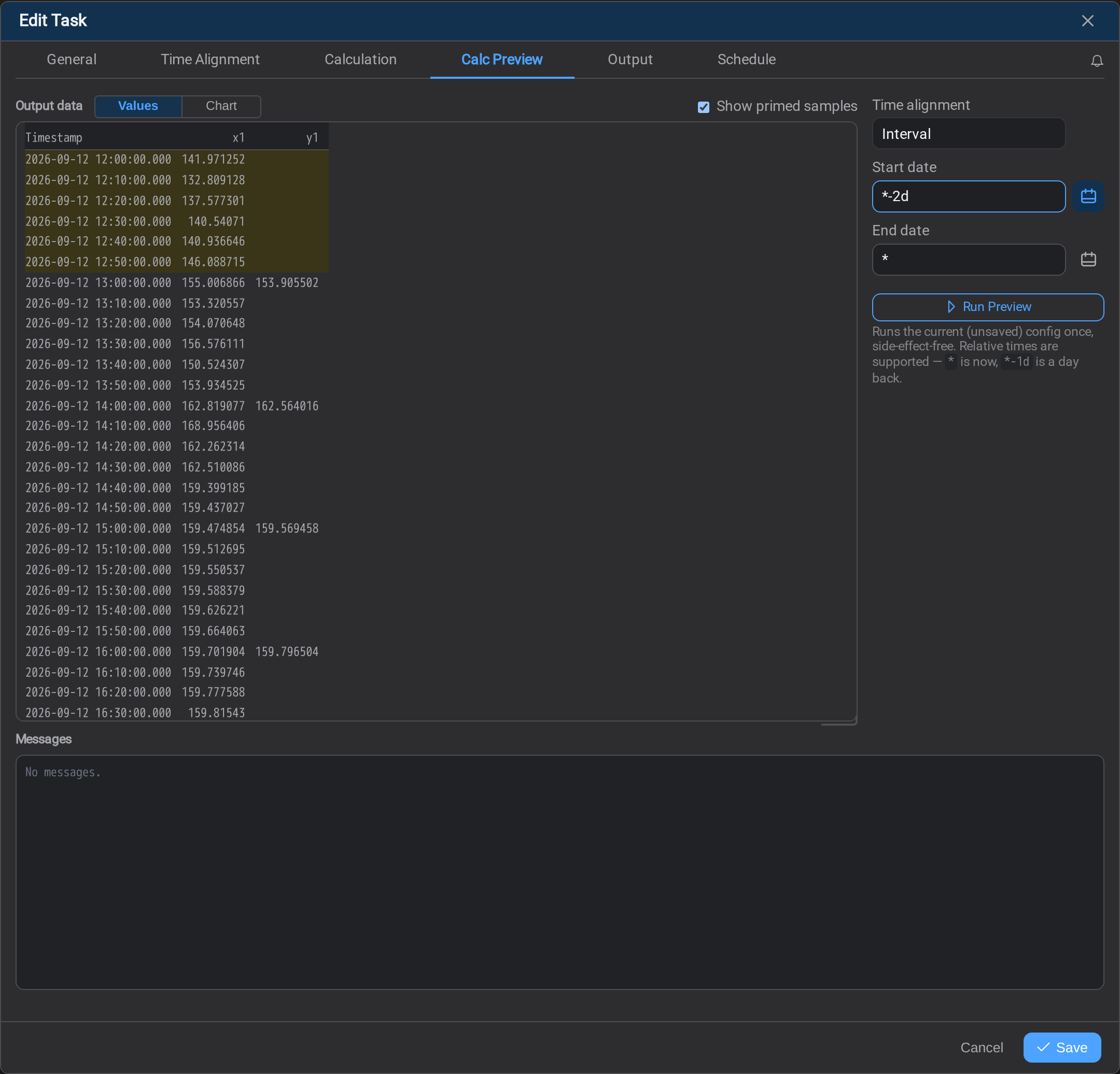 The preview in Values view, primed rows on a yellow ground