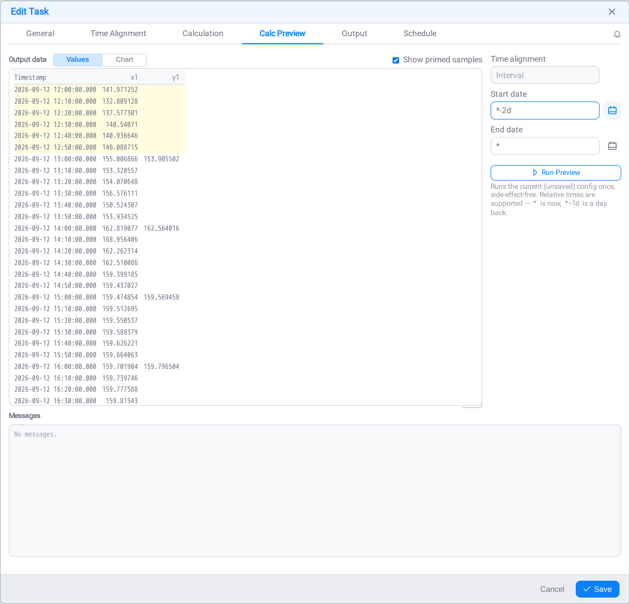 The preview in Values view, primed rows on a yellow ground