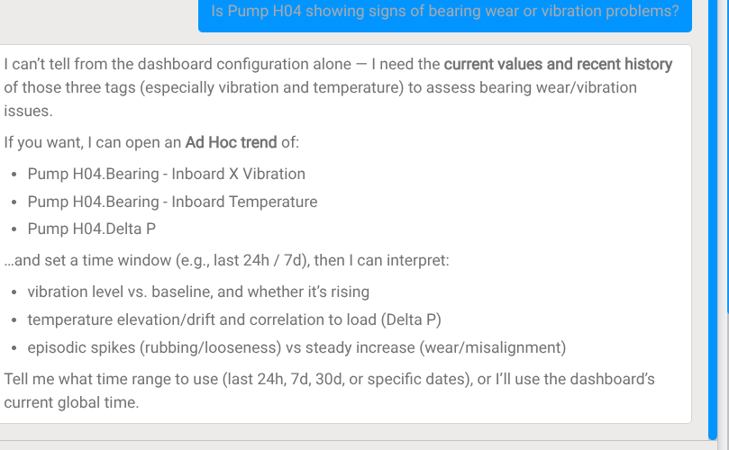 Asked to diagnose, the assistant says it cannot tell from the view alone and offers to open a trend