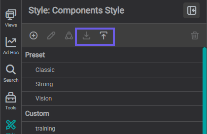 Components Style panel toolbar with the download (export) and upload (import) icons highlighted