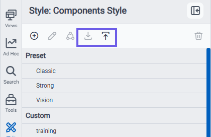 Components Style panel toolbar with the download (export) and upload (import) icons highlighted