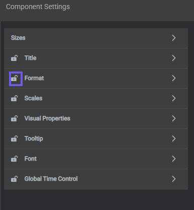Component Settings list in the style editor, with the lock toggle on a settings group highlighted