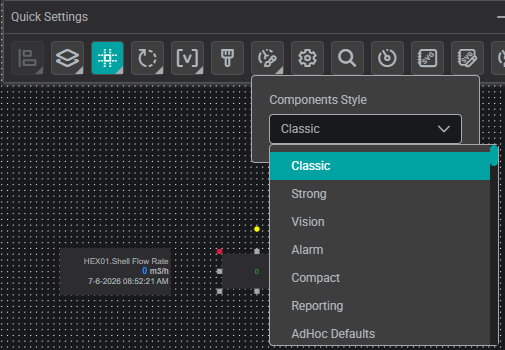 Quick Settings Component Style dropdown open on a selected component, listing the available named styles