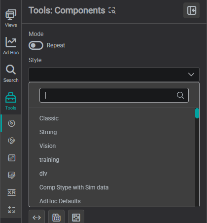 Style selector dropdown open in the Components toolbox, listing the available named styles