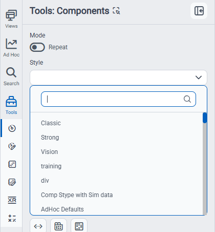 Style selector dropdown open in the Components toolbox, listing the available named styles