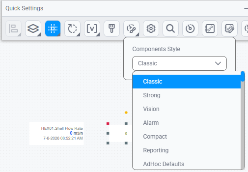 Quick Settings Component Style dropdown open on a selected component, listing the available named styles