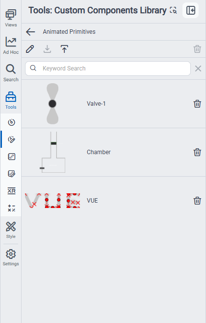 Custom Components Library tab in the Tools panel β a category expanded to show its saved reusable components