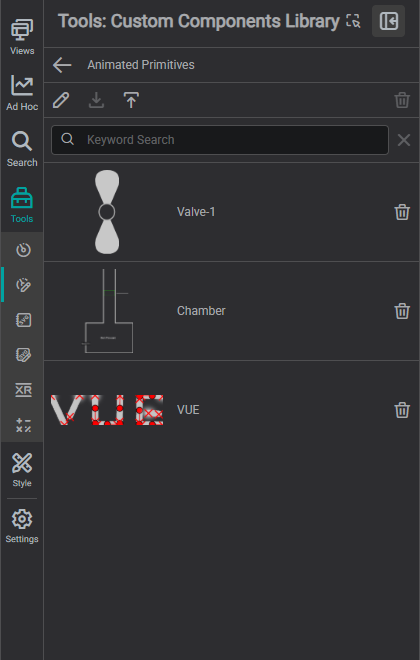Custom Components Library tab in the Tools panel β a category expanded to show its saved reusable components
