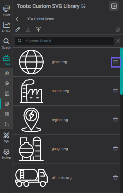 Each icon has a trash button to remove it; the toolbar trash removes the whole library