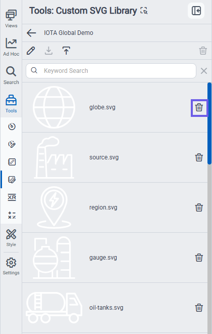 Each icon has a trash button to remove it; the toolbar trash removes the whole library