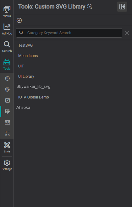 Custom SVG Library open in the Tools panel, listing the existing libraries