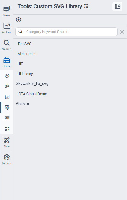 Custom SVG Library open in the Tools panel, listing the existing libraries
