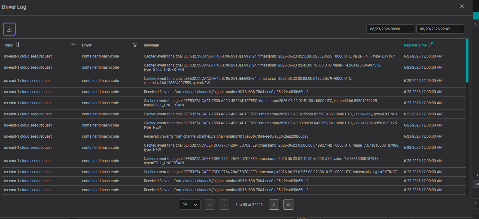 Driver Log dialog showing Topic, Driver, Message, and Register Time columns, with the download/export icon highlighted top-left