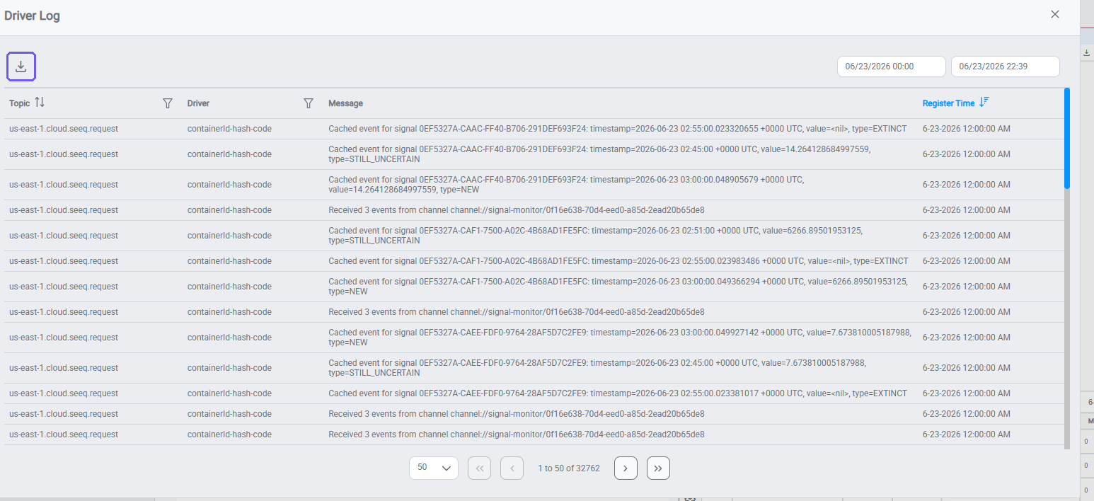 Driver Log dialog showing Topic, Driver, Message, and Register Time columns, with the download/export icon highlighted top-left