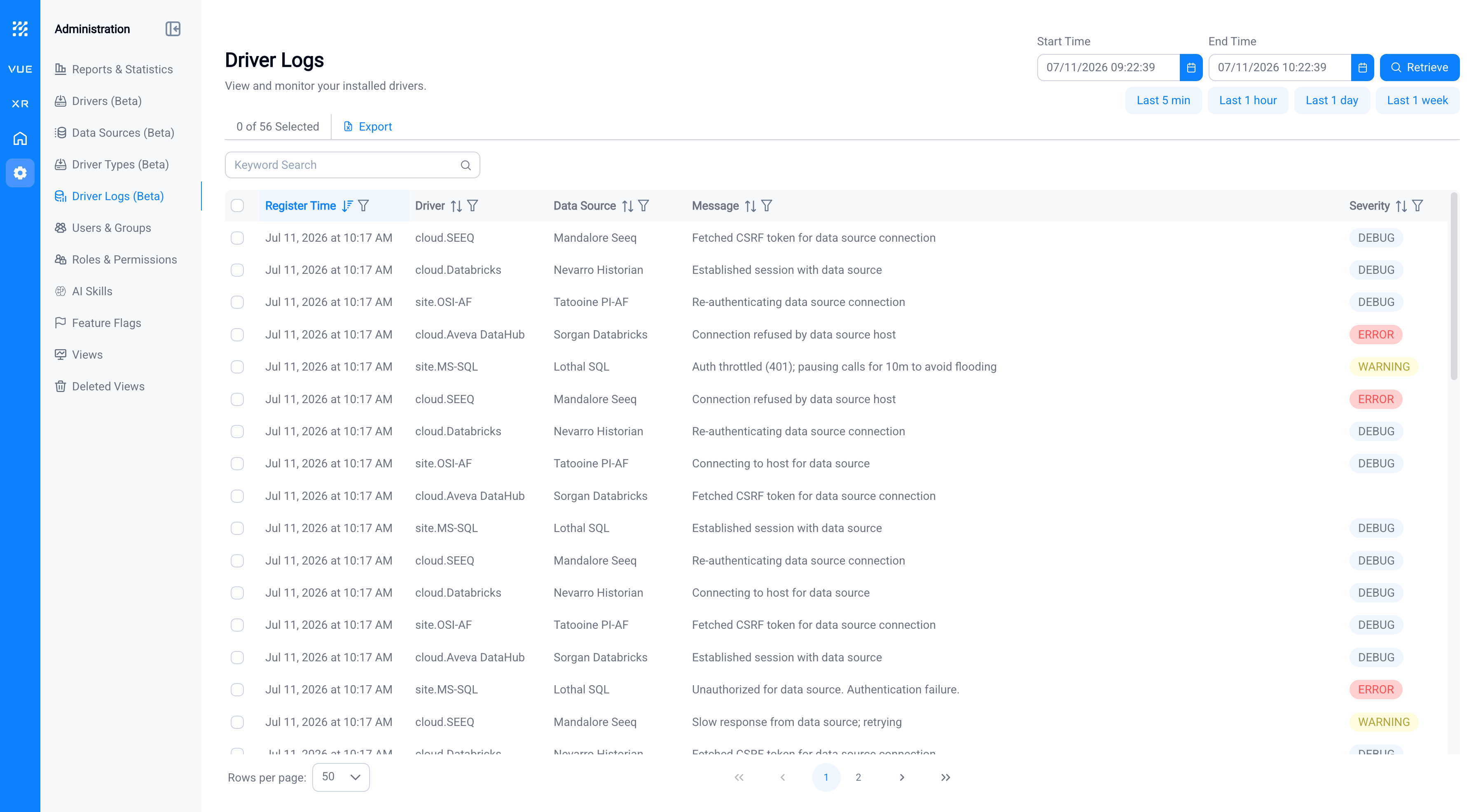 The Driver Logs table with time picker, filters, and color-coded severity