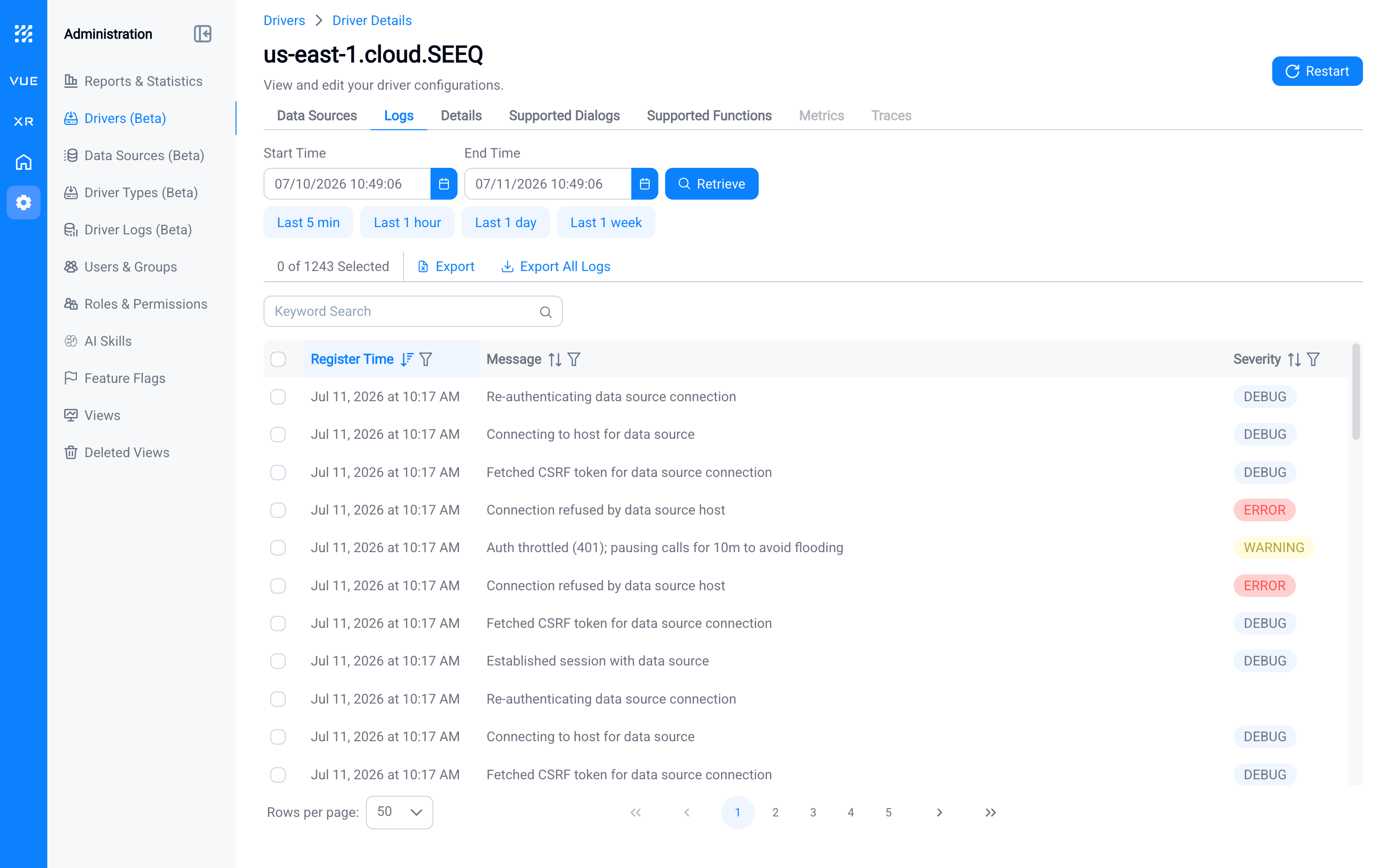A single driver's Logs tab, with the Export and Export All Logs options