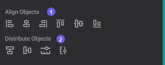 Align Controls in the Settings → Workspace panel: Align Objects (1) and Distribute Objects (2)