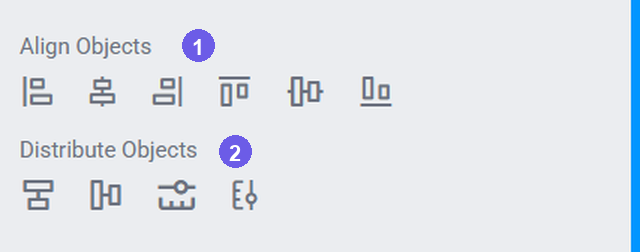 Align Controls in the Settings → Workspace panel: Align Objects (1) and Distribute Objects (2)