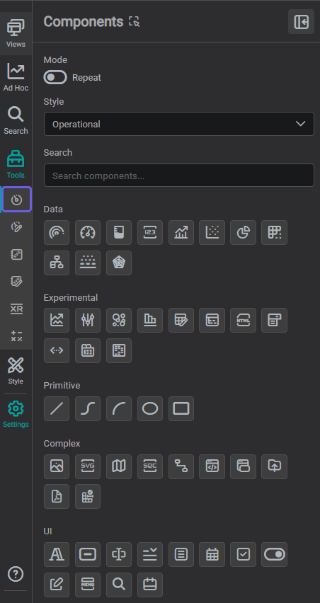 Tools panel open on the Components tab showing the five category groups: Data, Experimental, Primitive, Complex, and UI