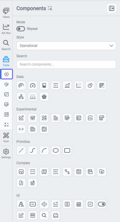 Tools panel open on the Components tab showing the five category groups: Data, Experimental, Primitive, Complex, and UI