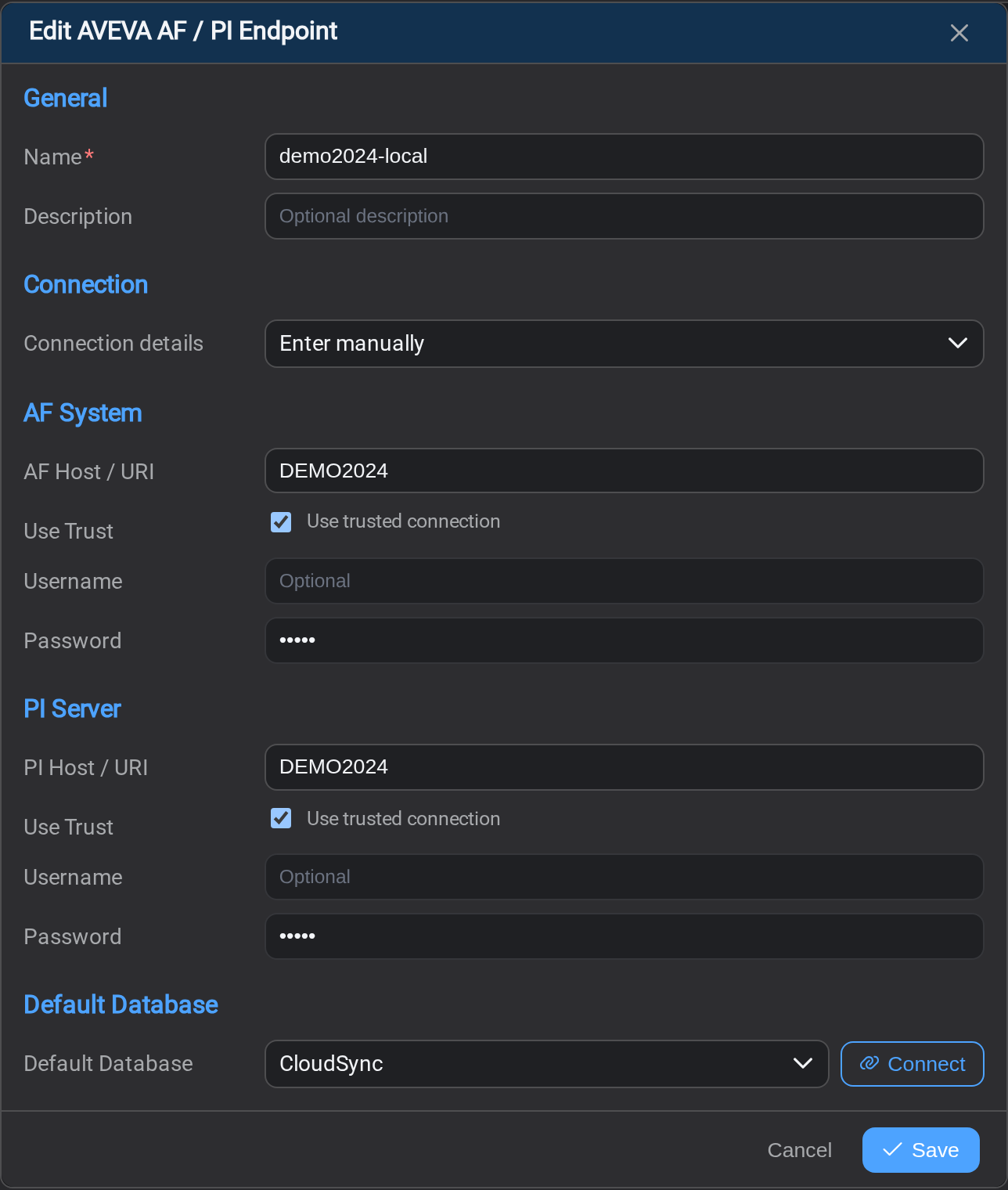The AVEVA AF / PI endpoint form