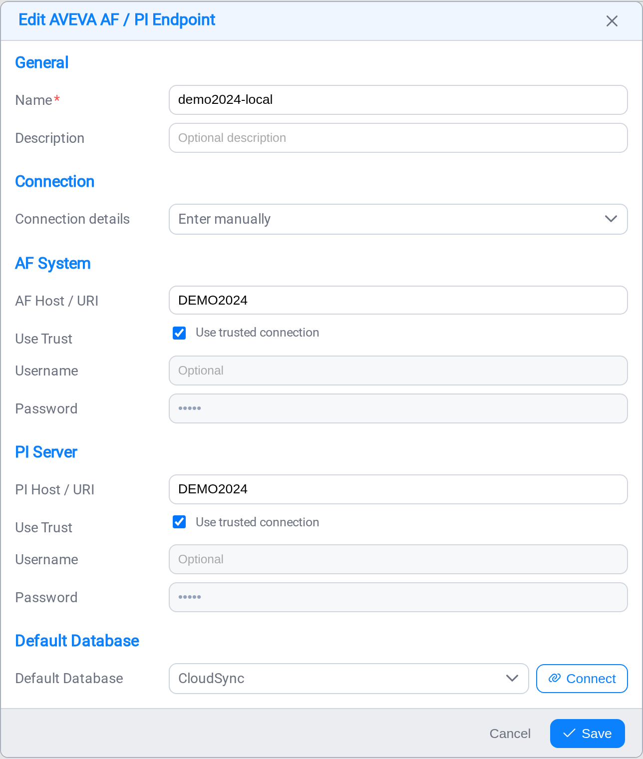 The AVEVA AF / PI endpoint form