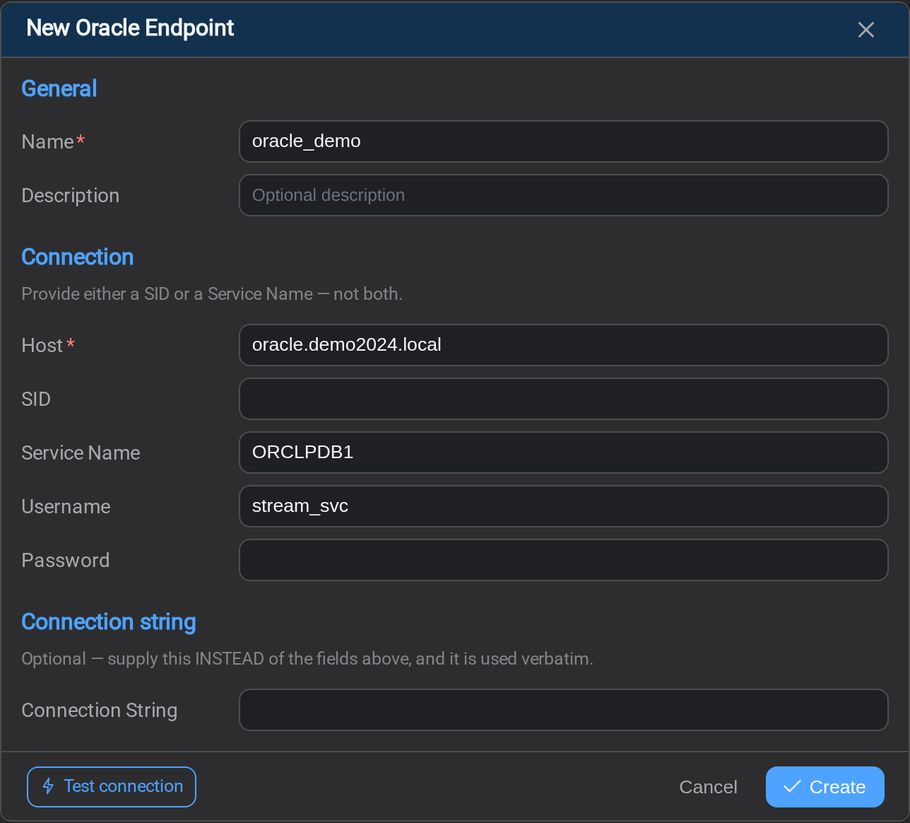 Configuring an Oracle endpoint
