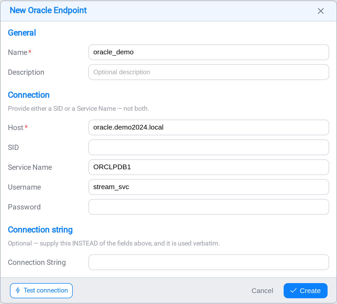 Configuring an Oracle endpoint