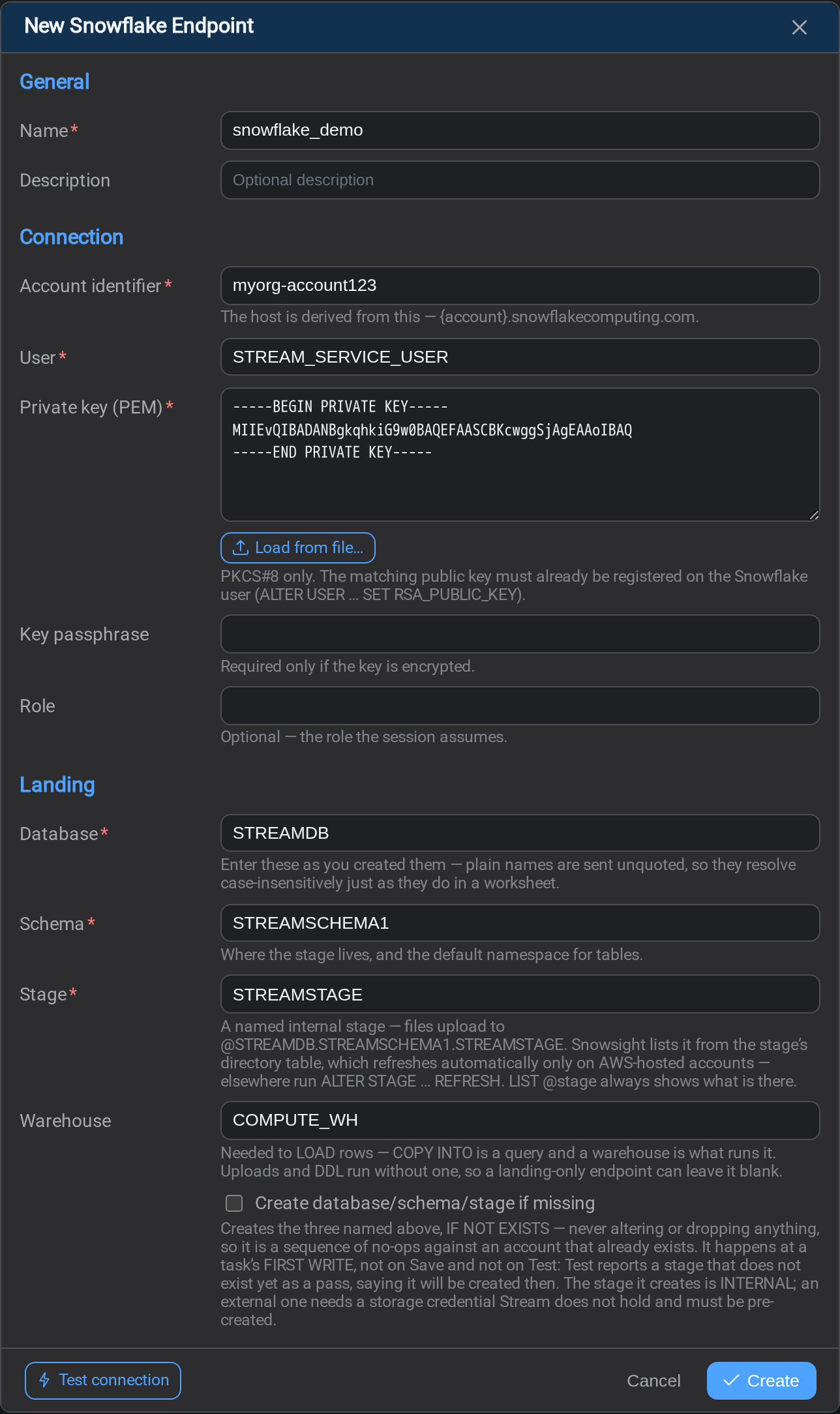 Configuring a Snowflake endpoint