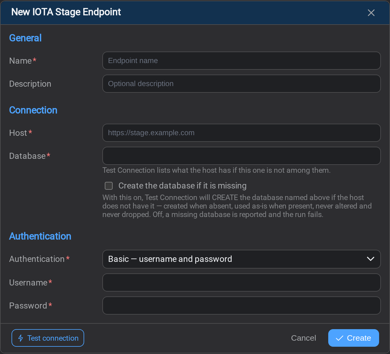 The IOTA Stage connection form