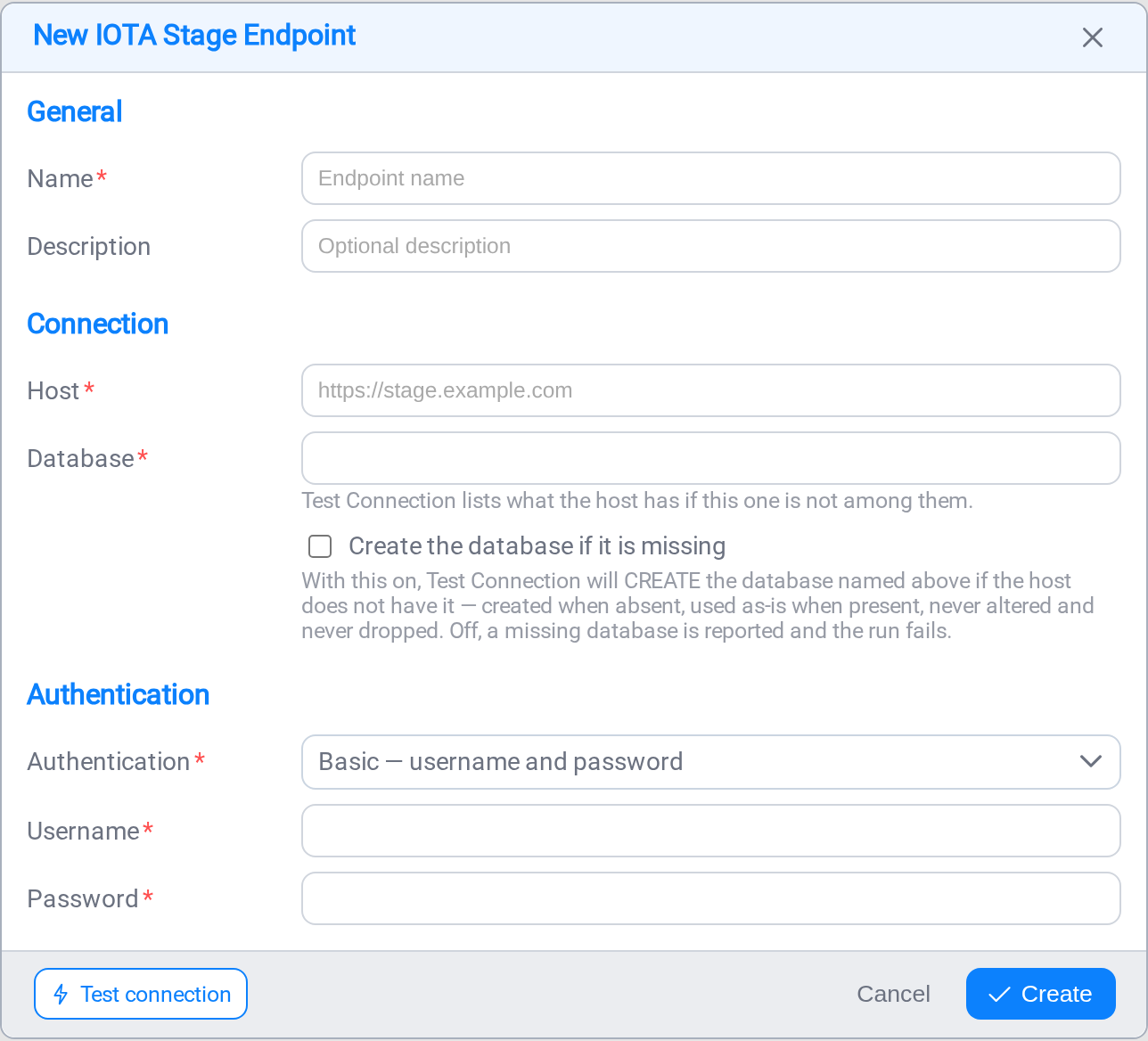 The IOTA Stage connection form