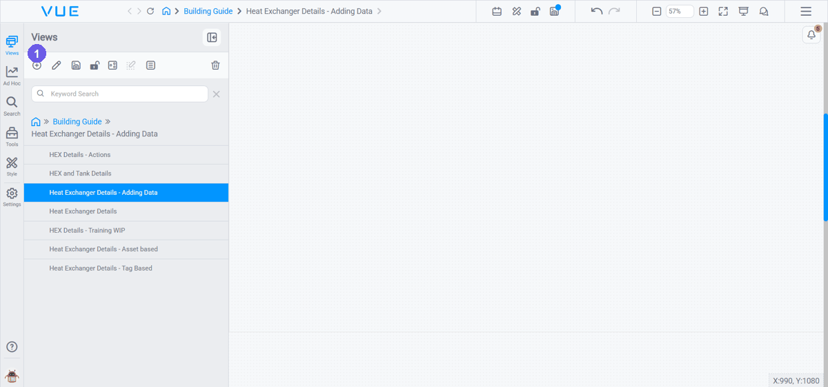 Creating a view: click Add in the Views panel, then fill in the New View dialog — name, optional description, and an optional parent view