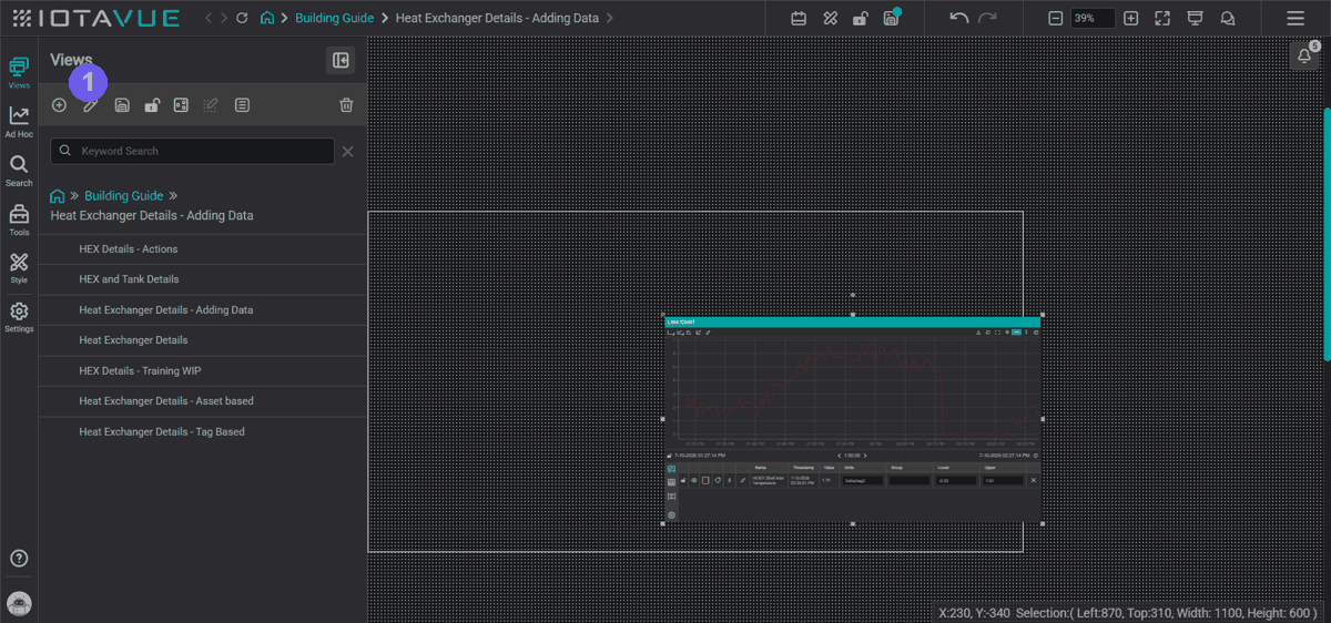 Editing a view's properties: open the edit dialog, review the General tab (name, description, hierarchy), then the Background tab (workspace size and background)